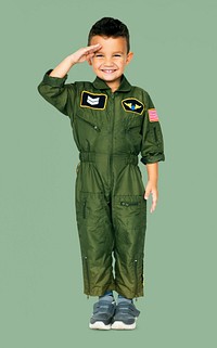 Little Boy in Military Pilot Aviation Costume Studio Portrait