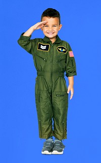 Little Boy in Military Pilot Aviation Costume Studio Portrait