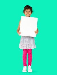Happiness little girl smiling holding blank placard