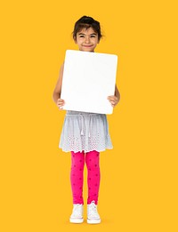 Happiness little girl smiling holding blank placard