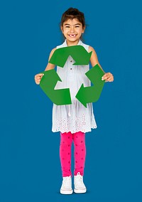 Ecology little girl holding recycle symbol