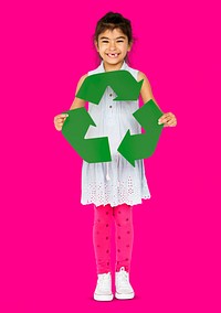 Ecology little girl holding recycle symbol