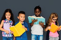 Group of Diverse Kids Reading Books Together Studio Portrait