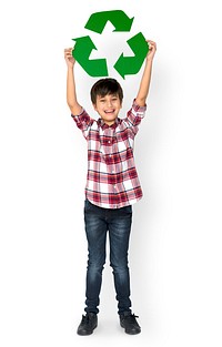 Little Boy Holding Recycle Symbol Studio Portrait