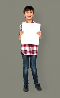 Little Boy Holding Blank Paper Board Studio Portrait