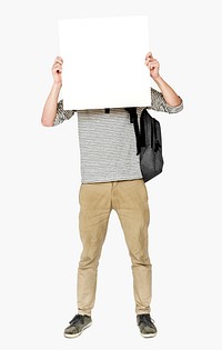 Young Adult Man Holding Blank Paper Board Studio Portrait