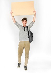 Young Man Hands Hold Showing Blank Paper Board Copy Space