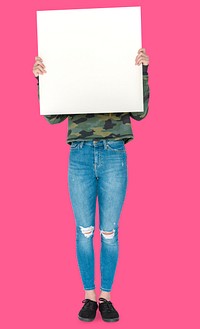 Covered Face Girl Standing and Holding Empty Placard