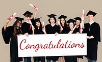 Diverse Students wearing Cap and Gown Showing Congratulations Sign Studio Portrait