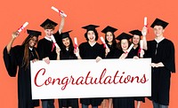 Diverse Students wearing Cap and Gown Showing Congratulations Sign Studio Portrait