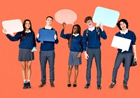 Group of Diverse Students Showing Speech Bubbles Studio Portrait