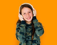 Young Adult Woman with Headphone Listen Music Studio Portrait