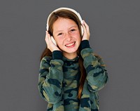 Young Adult Woman with Headphone Listen Music Studio Portrait