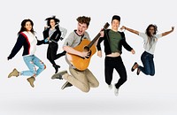 Group of Diverse People Jumping with Guitar