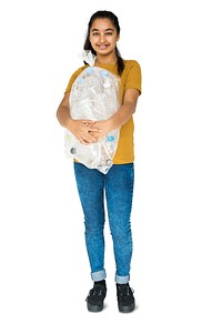 Young Adult Woman Holding Recyclable Plastic Bottles Studio Portrait