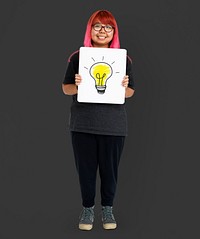 Young adult asian girl holding banner with light bulb symbol
