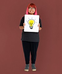 Young adult asian girl holding banner with light bulb symbol