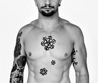 Man with tattoo in black and white