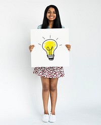 Indian girl holding creativity ideas light bulb banner
