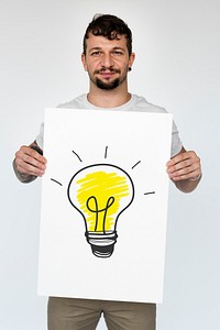 Man holding creativity ideas light bulb banner