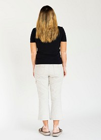 Caucasian woman rear view full body on white background