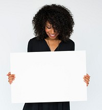 Woman holding placard copy space