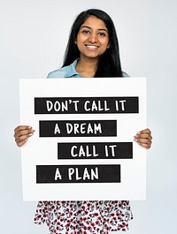 Woman holding target plan banner