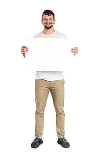 Adult Man Holding Blank Paper Board Studio Portrait