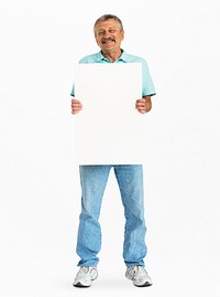 Senior Adult Man Holding Blank Paper Board Studio Portrait