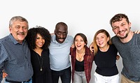 Group of deversity people arms around support together