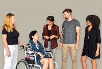 Group of Diverse People Talking with Handicap Woman Studio Portrait