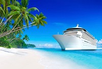 3D cruise ship at a tropical beach paradise in Samoa