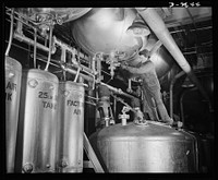 Synthetic rubber (Ameripol). This worker is standing on a "blowdown" tank, about ready to tap a polymerizer tank at the Akron, Ohio synthetic rubber plant of the B.F. Goodrich Company. The latex blending tank increases the uniformity of these synthetic solutions by mixing the contents of seven or eight of these tanks. Goodrich. Sourced from the Library of Congress.