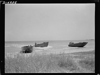 Training. Ramp boats. Marines in training at a Southern point learn the technique of landing men and equipment with ramp boats. The squared-ended craft coming in is a ramp boat, a thirty-six-footer made of wood and capable of setting troops and lighter vehicles and guns ashore at beach positions. The manufacturer of the boat cooperates in the training of men. Higgins Industries. Sourced from the Library of Congress.