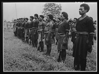 Natives aid Allied drive in New Guinea jungles. Natives who played a great part in the Allied success in New Guinea are addressed by General Vasey. Native police form a guard of honor as native carriers are presented with medals. Sourced from the Library of Congress.