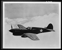 Planes in flight. The P-40 single-engine fighter plane--which the British have used in its various models as the "Tomahawk," "Kittyhawk" and "Warhawk"--is a fast pursuit ship in the 400-mile-per-hour class. It has an approximate service ceiling of 30,000 feet and a range of about 900 miles. Carrying various combinations of light and heavy caliber guns, it has performed notably with the RAF (Royal Air Force) in England and Africa, with the AVG (American Volunteer Group--Flying Tigers) in China and. with the AAF (Army Air Forces) in the South Pacific. Sourced from the Library of Congress.