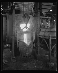 Production. Copper. Molten copper pouring from a converter at the Garfield, Utah smelter of the American Smelting and Refining Company. This plant is producing vast quantities of the copper so vital for war purposes. Sourced from the Library of Congress.