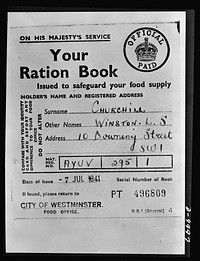 Food in England. A page from Winston Churchill's ration book. All food imported into England is government property and is distributed through an effective rationing plan. Sourced from the Library of Congress.