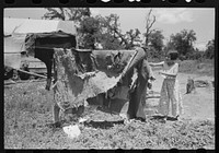 [Untitled photo, possibly related to: Bedding of agricultural workers' family near Vian, Sequoyah County, Oklahoma] by Russell Lee