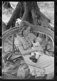 [Untitled photo, possibly related to: Wife and child of itinerant cane furniture maker and agricultural day laborer camped in Wagoner County, Oklahoma] by Russell Lee
