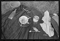 Scene by roadside at camp of migrant family east of Fort Gibson, Muskogee County, Oklahoma by Russell Lee