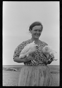 Mrs. Shoenfeldt, wife of FSA (Farm Security Administration) client, Sheridan County, Kansas. Chickens are an important part of live at home program for this family by Russell Lee