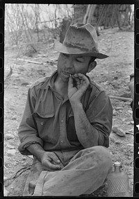 [Untitled photo, possibly related to: Professional migratory sheep and goat shearer resting after noonday meal on ranch of rehabilitation borrower in Kimble County, Texas] by Russell Lee