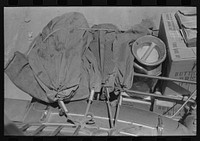 Looking down from top of stage onto mailsacks, milk can, etc., Pie Town, New Mexico. The stage takes in cream for the Pie Town farmers to Magdalena and Socorro and then returns the empty cans by Russell Lee