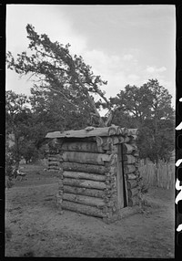 [Untitled photo, possibly related to: Log privy on homesteader's farm. Pie Town, New Mexico] by Russell Lee