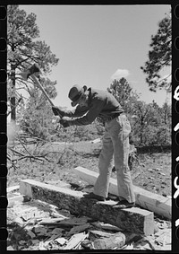 Chipping off the slab before log is finished with broadaxe into a tie. Pie Town, New Mexico by Russell Lee