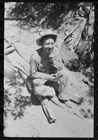 John Adams, homesteader, resting on homemade vehicle on which he is hauling ties down mountain.  Pie Town, New Mexico by Russell Lee