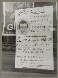 Sign in post office window announcing baby clinic, Taos, New Mexico by Russell Lee
