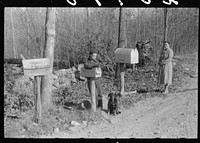 Waiting at a crossroads in Ledyard, Connecticut for the mail carrier. Little boy is a member of the Crouch family. Sourced from the Library of Congress.