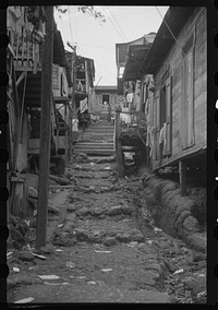 [Untitled photo, possibly related to: Street in the slum area of the hill town of Lares, Puerto Rico]. Sourced from the Library of Congress.